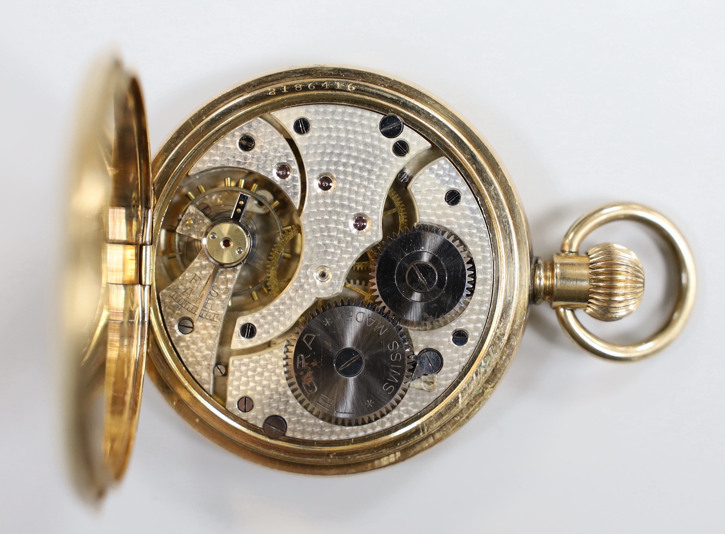 An Elgin gold plated keyless hunter pocket watch, with Roman dial and engraved interior inscription.